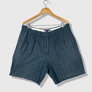 Vintage Chaps Ralph Lauren Shorts Mens 38 Green Blue Plaid Pleated Casual Preppy